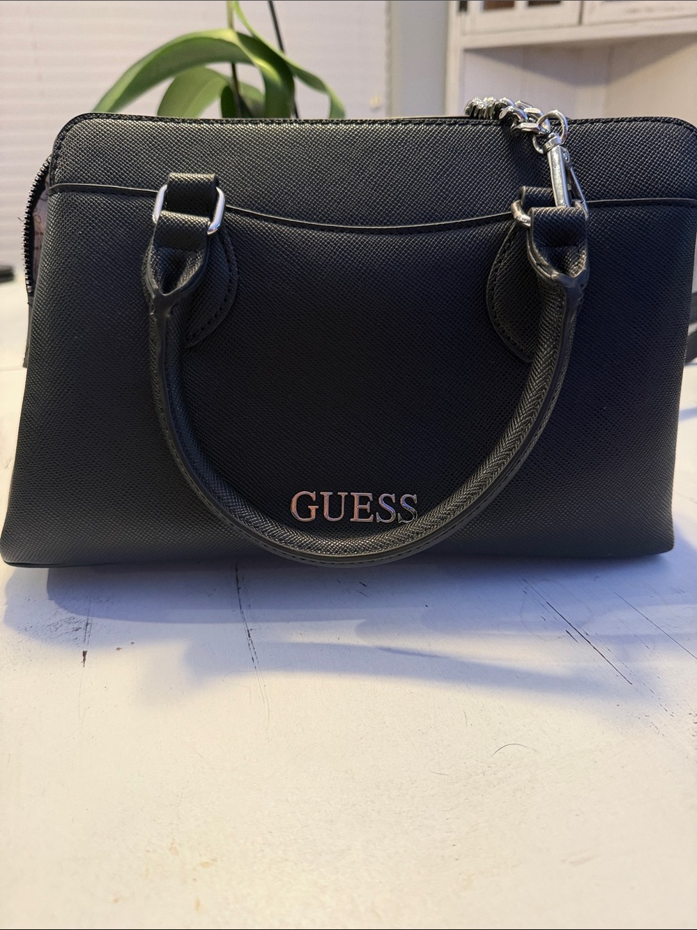 GUESS Black Structured Saffiano Satchel with Chain Strap